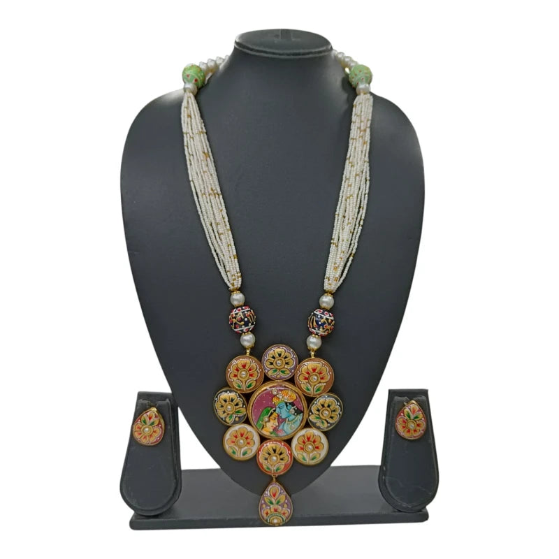 Radhika Long Meena Work Necklace Fusion Jewellery Set | JewelOn