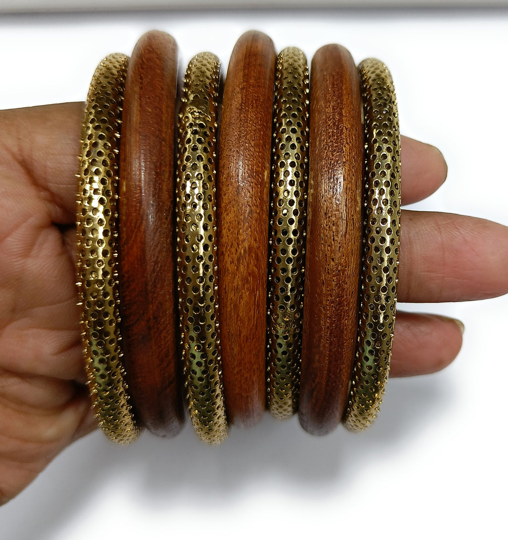Kanchan Classic Wooden & Gold-Toned Ethnic Bangle Set | JewelOn