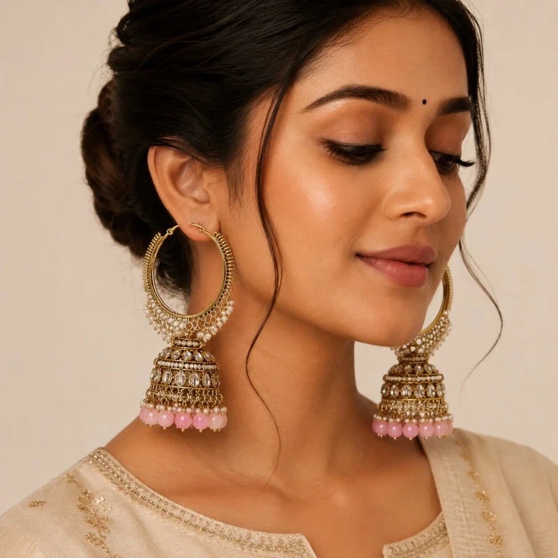 Dhruvi Collection Mehndi Polish Hoop Jhumka Baby Pink  Earrings for Women | JewelOn