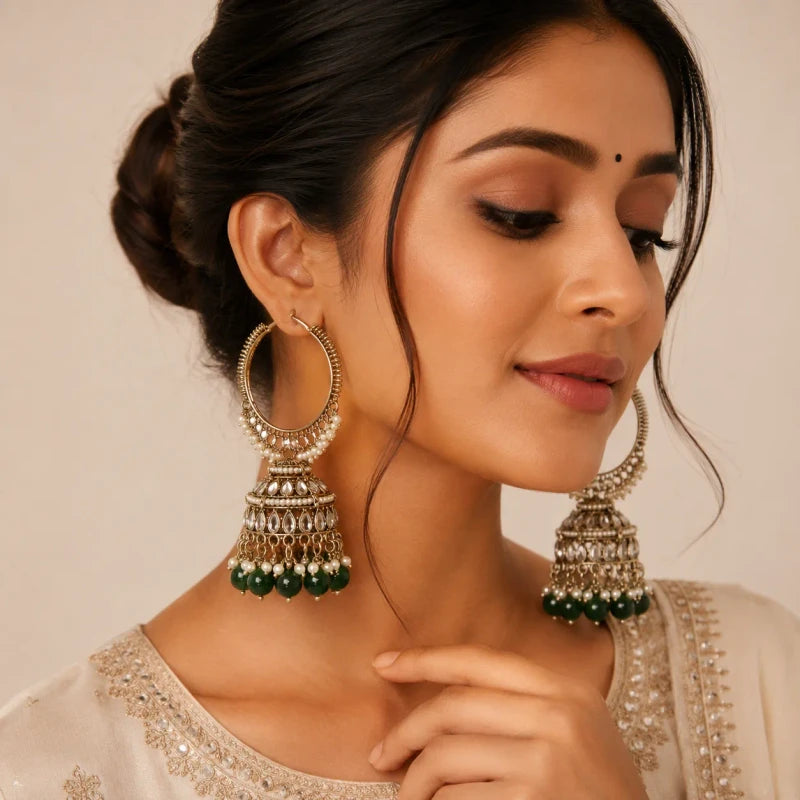 Dhruvi Collection Mehndi Polish Hoop Jhumka Green Earrings for Women | JewelOn