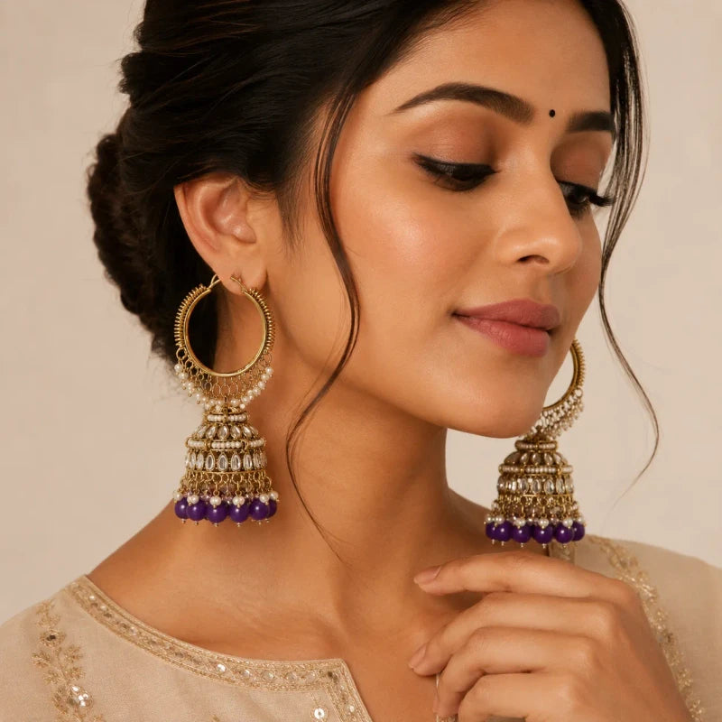 Dhruvi Collection Mehndi Polish Hoop Jhumka Purple Earrings for Women | JewelOn