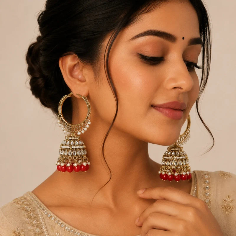 Dhruvi Collection Mehndi Polish Hoop Jhumka Red Earrings for Women | JewelOn