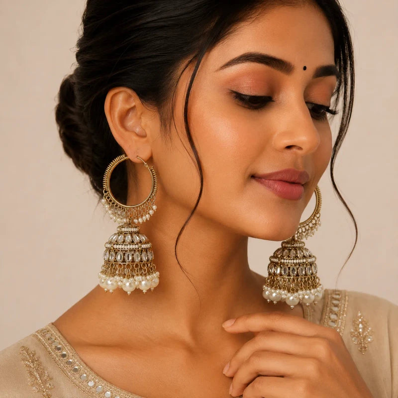 Dhruvi Collection Mehndi Polish Hoop Jhumka White Earrings for Women | JewelOn