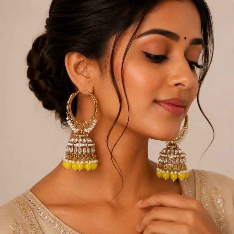 Dhruvi Collection Mehndi Polish Hoop Jhumka Yellow Earrings for Women | JewelOn
