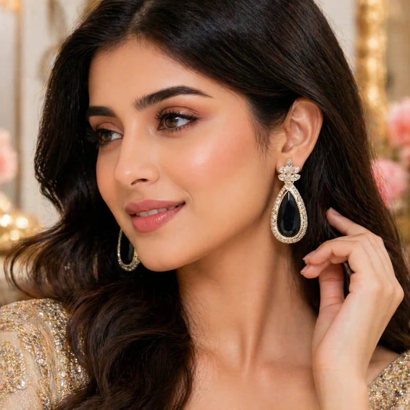 Avni Collection White Gold Polish Teardrop Black Earrings for Women | JewelOn