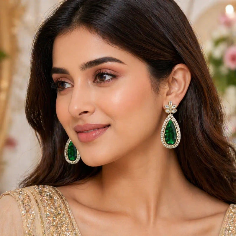Avni Collection White Gold Polish Teardrop Green Earrings for Women | JewelOn