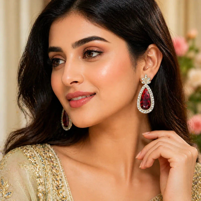 Avni Collection White Gold Polish Teardrop Maroon Earrings for Women | JewelOn