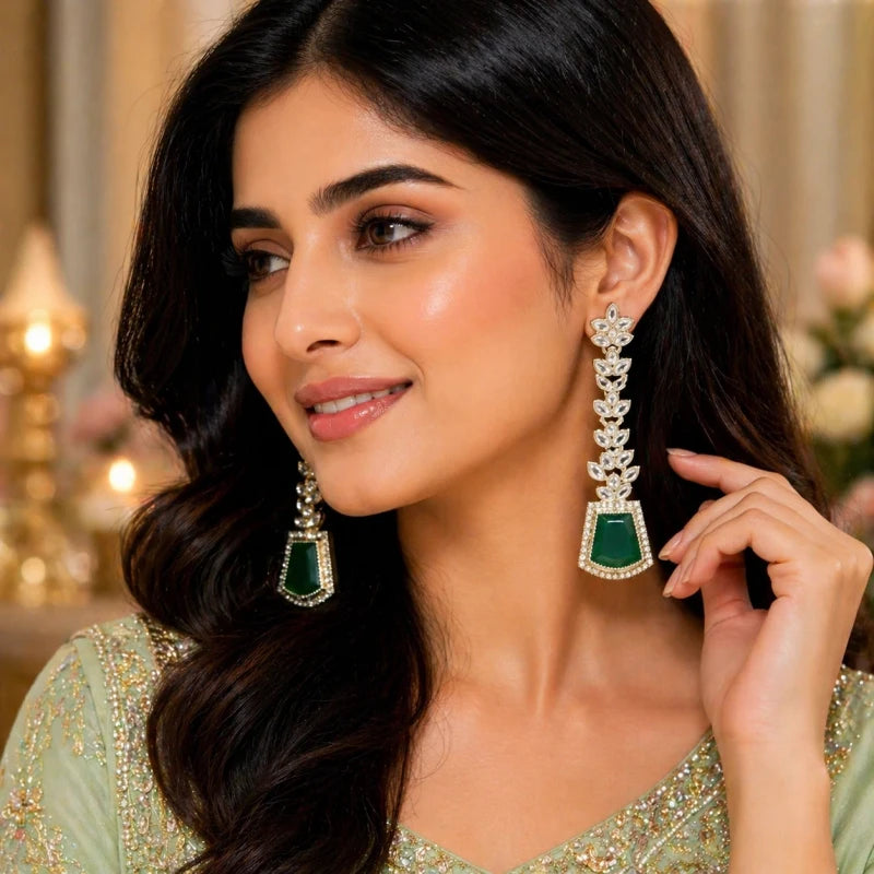 Charvi Collection White Gold Polish Teardrop Green Earrings for Women | JewelOn