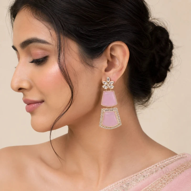 Jiya Collection White Gold Polish Dangler Baby Pink Earrings for Women | JewelOn