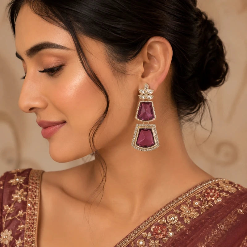 Jiya Collection White Gold Polish Dangler Dark Purple Earrings for Women | JewelOn