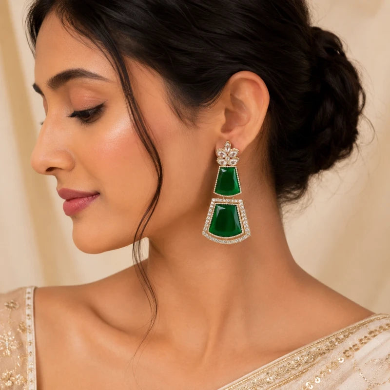 Jiya Collection White Gold Polish Dangler Green Earrings for Women | JewelOn