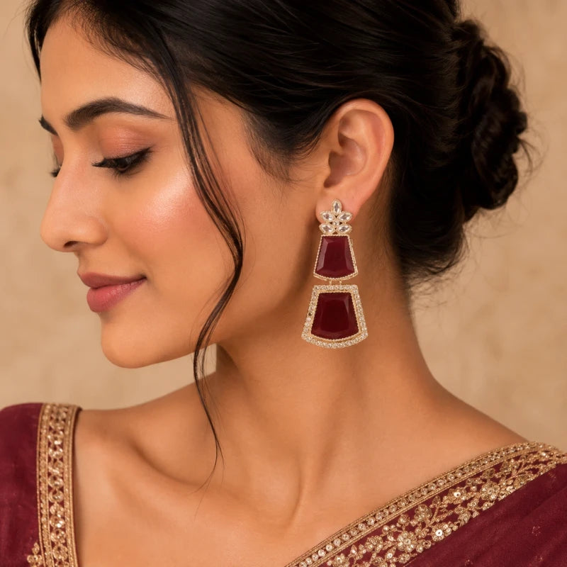 Jiya Collection White Gold Polish Dangler Maroon Earrings for Women | JewelOn