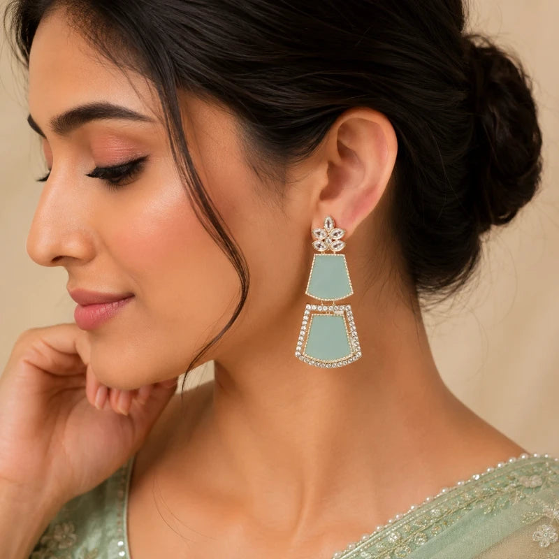 Jiya Collection White Gold Polish Dangler Mint Green Earrings for Women | JewelOn