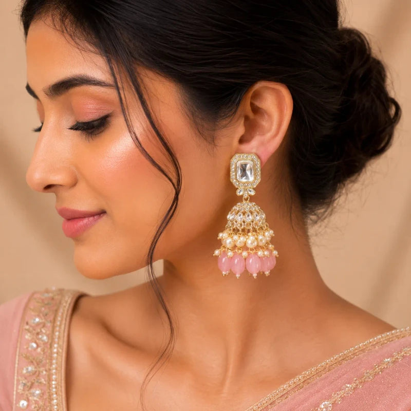 Urvi Collection White Gold Polish Teardrop Jhumka Baby Pink Earrings for Women | JewelOn