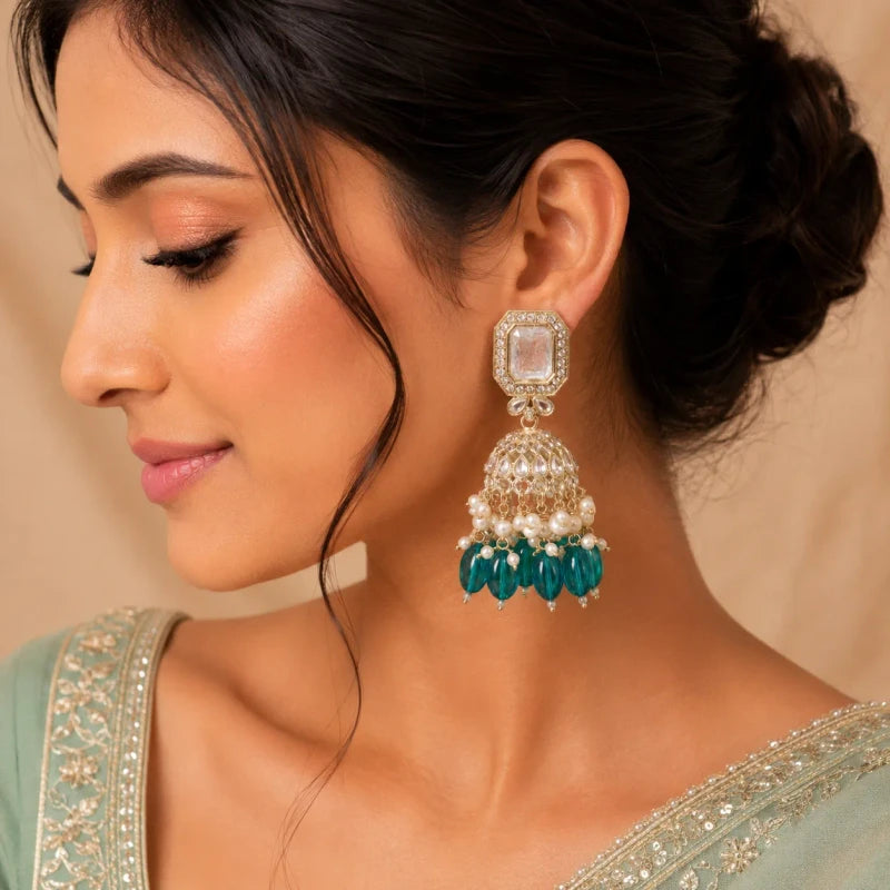 Urvi Collection White Gold Polish Teardrop Jhumka Cyan Green Earrings for Women | JewelOn