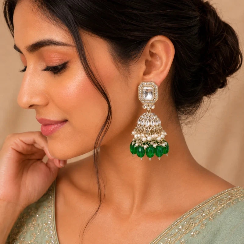 Urvi Collection White Gold Polish Teardrop Jhumka Green Earrings for Women | JewelOn