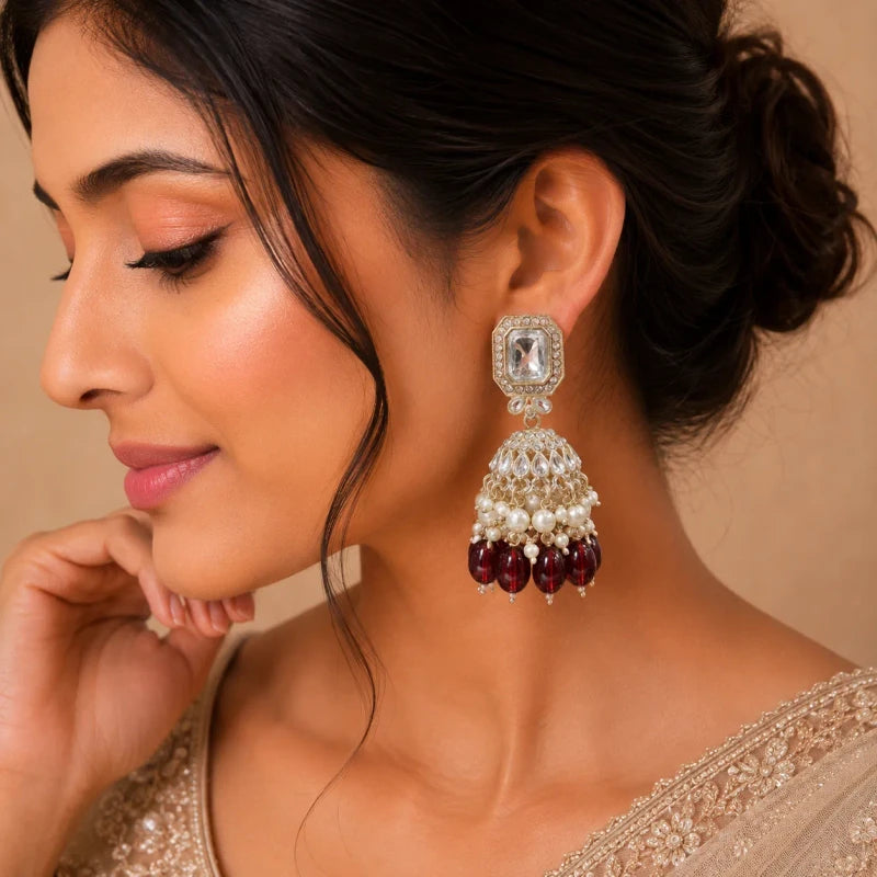 Urvi Collection White Gold Polish Teardrop Jhumka Maroon Earrings for Women | JewelOn