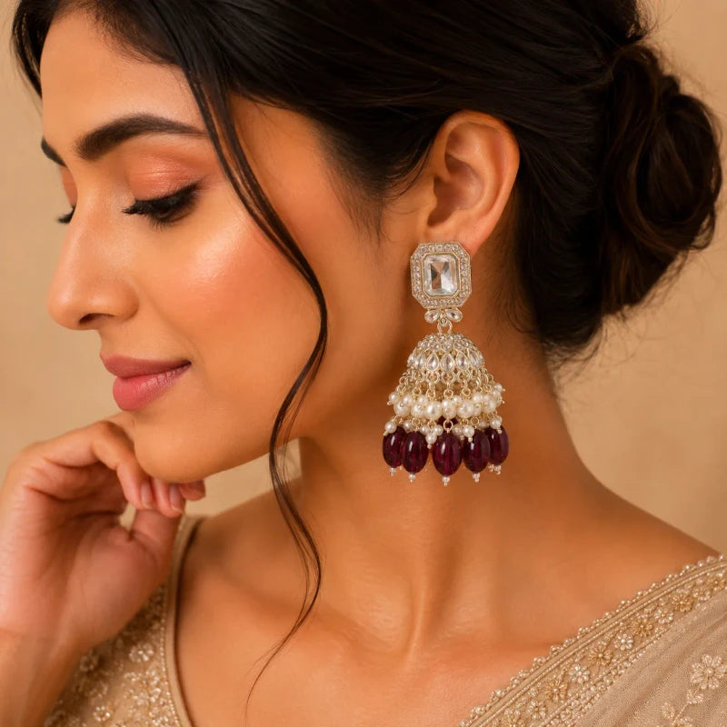 Urvi Collection White Gold Polish Teardrop Jhumka Purple Earrings for Women | JewelOn