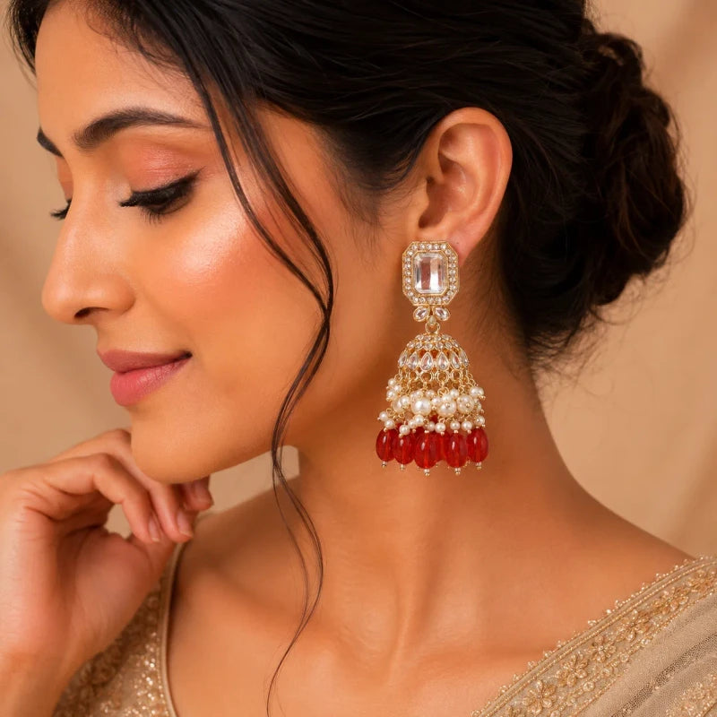 Urvi Collection White Gold Polish Teardrop Jhumka Red Earrings for Women | JewelOn