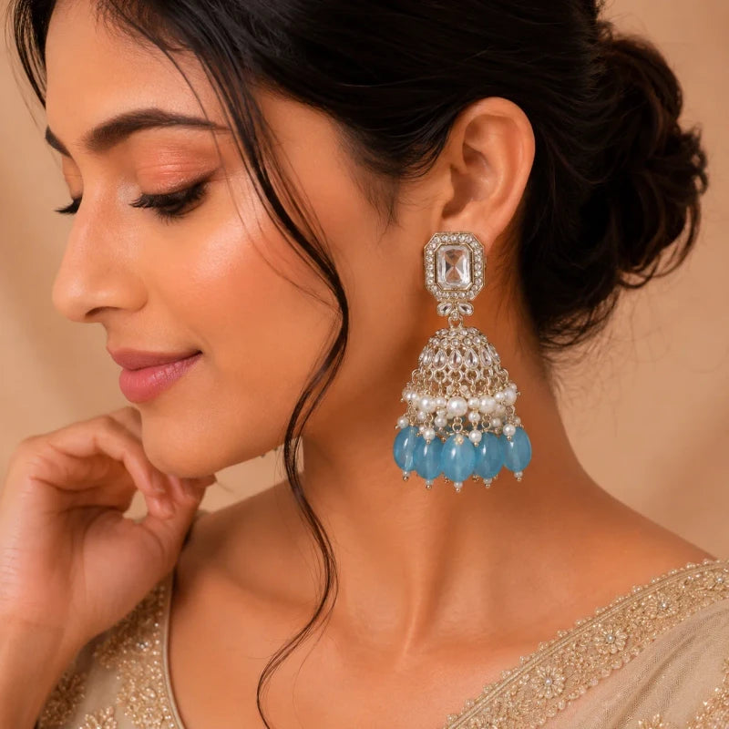 Urvi Collection White Gold Polish Teardrop Jhumka Sky Blue Earrings for Women | JewelOn