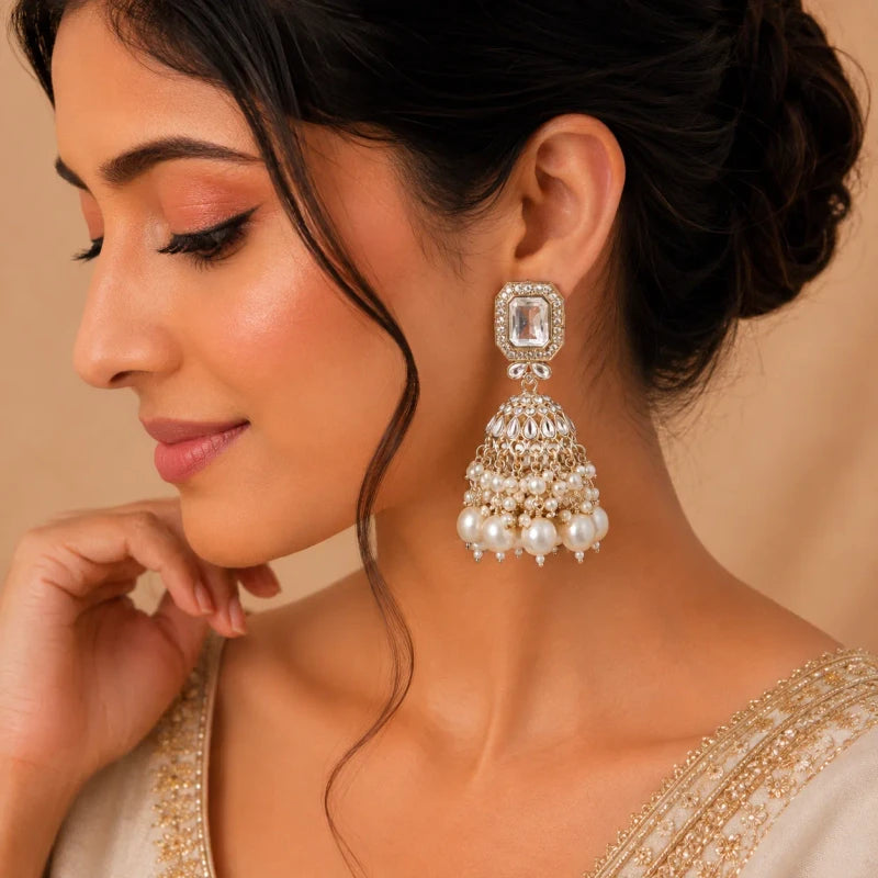 Urvi Collection White Gold Polish Teardrop Jhumka White Earrings for Women | JewelOn