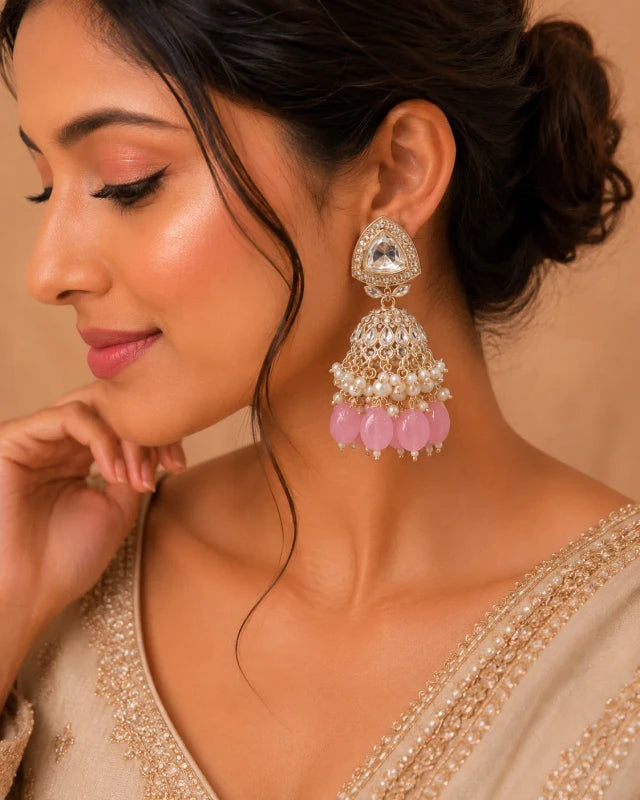 Dhara Collection White Gold Polish Baby Pink Teardrop Jhumka Earrings for Women | JewelOn