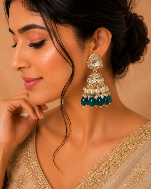 Dhara White Gold Polish CyanTeardrop Jhumka Earrings for Women | JewelOn