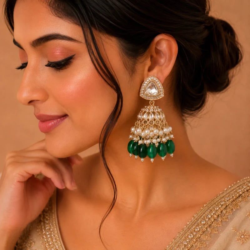 Dhara Collection White Gold Polish Green Teardrop Jhumka Earrings for Women | JewelOn