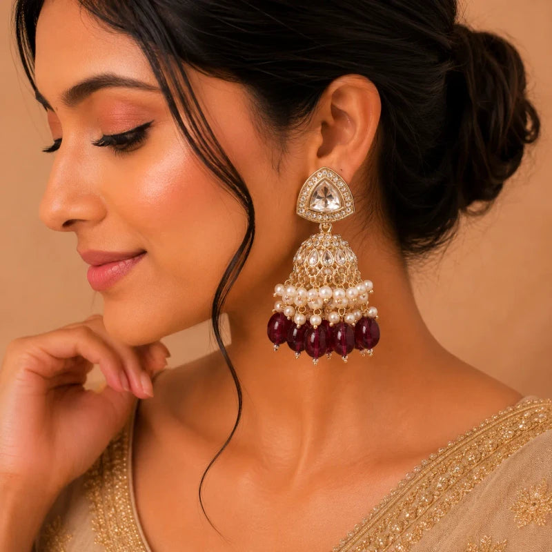 Dhara Collection White Gold Polish Maroon Teardrop Jhumka Earrings for Women | JewelOn