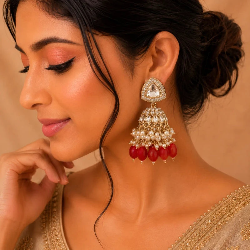 Dhara Collection White Gold Polish Red Teardrop Jhumka Earrings for Women | JewelOn