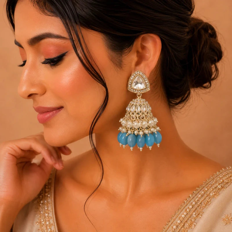 DharaCollection White Gold Polish Sky Blue Teardrop Jhumka Earrings for Women | JewelOn