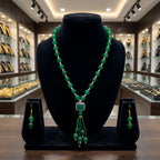 Jiva Elegant Green Beaded Mala and Red Stone Pendant Necklace Set
