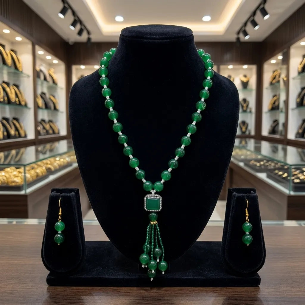 Jiva Elegant Green Beaded Mala and Red Stone Pendant Necklace Set