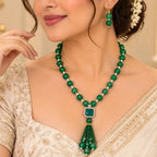 Jiva Elegant Green Beaded Mala and Red Stone Pendant Necklace Set