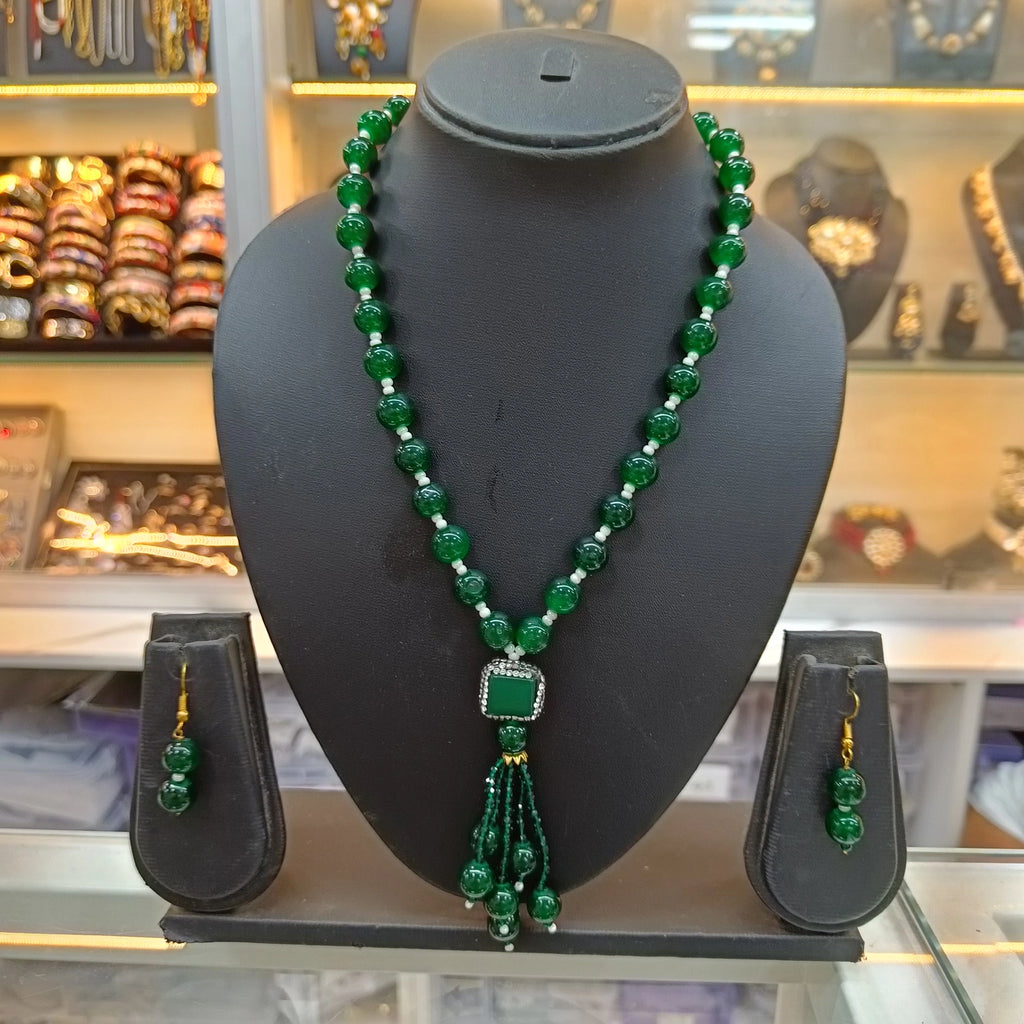 Jiva Elegant Green Beaded Mala and Red Stone Pendant Necklace Set
