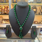 Jiva Elegant Green Beaded Mala and Red Stone Pendant Necklace Set