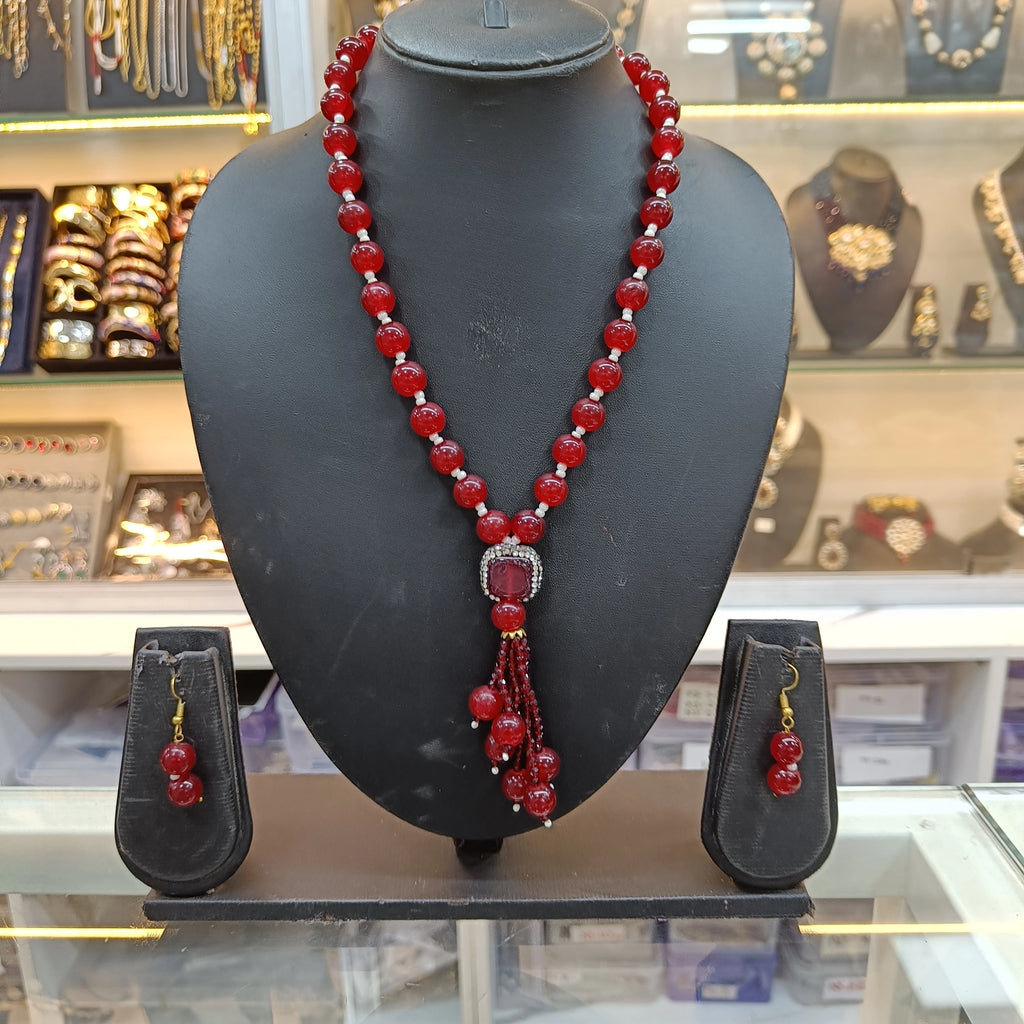 Jiva Elegant Red Beaded Mala and Red Stone Pendant Necklace Set