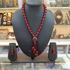 Jiva Elegant Red Beaded Mala and Red Stone Pendant Necklace Set