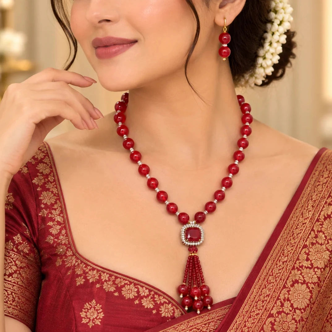Jiva Elegant Red Beaded Mala and Red Stone Pendant Necklace Set