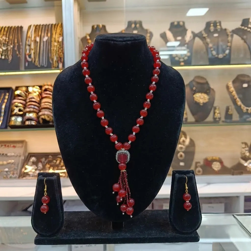 Jiva Elegant Red Beaded Mala and Red Stone Pendant Necklace Set