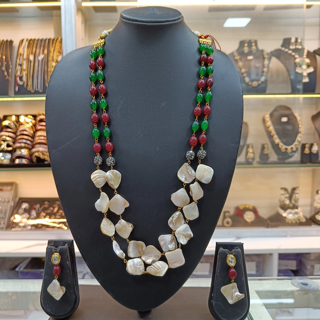 Prisha Red and Green Moti Layered Statement Necklace Set