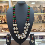 Prisha Red and Green Moti Layered Statement Necklace Set