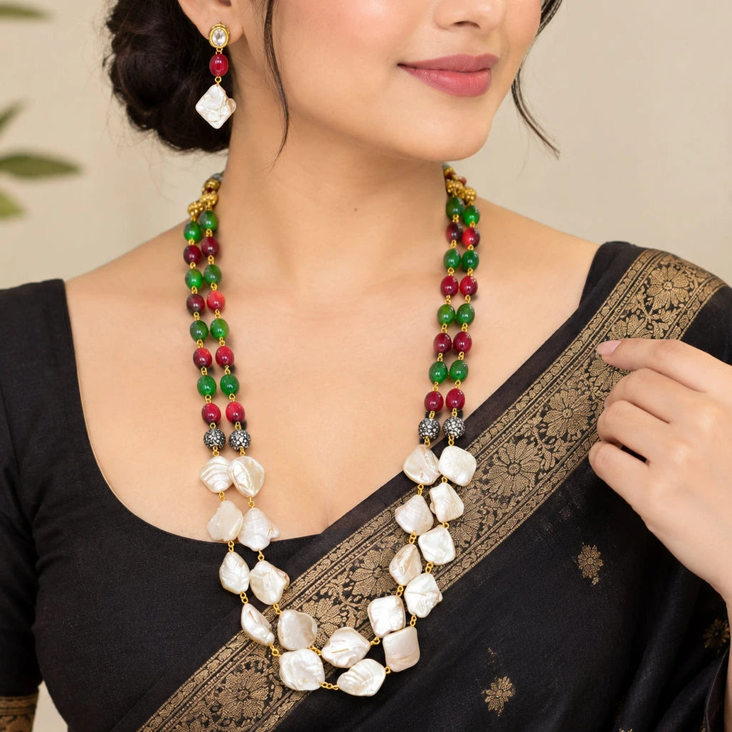 Prisha Red and Green Moti Layered Statement Necklace Set