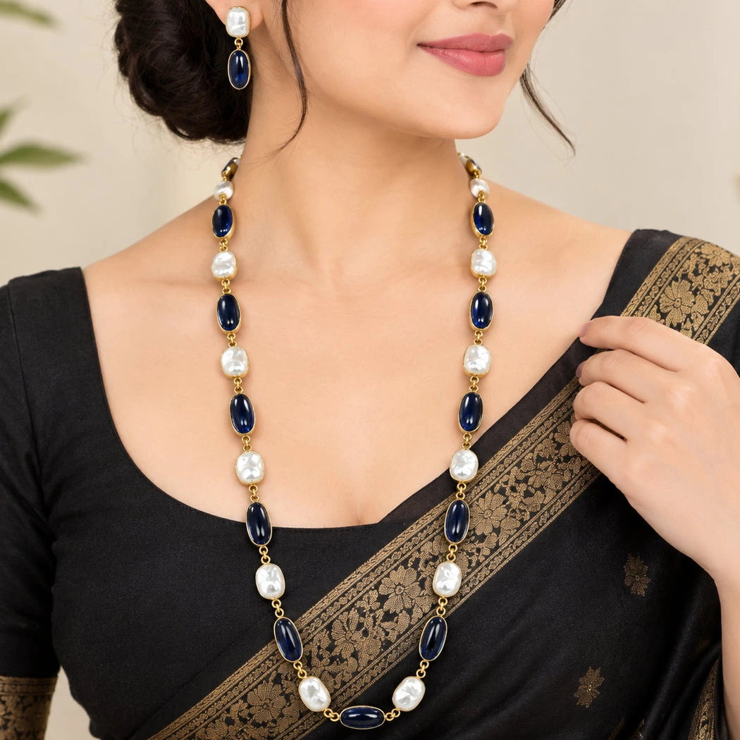 Mahika Blue Statement Oval Stone Necklace Earring Set