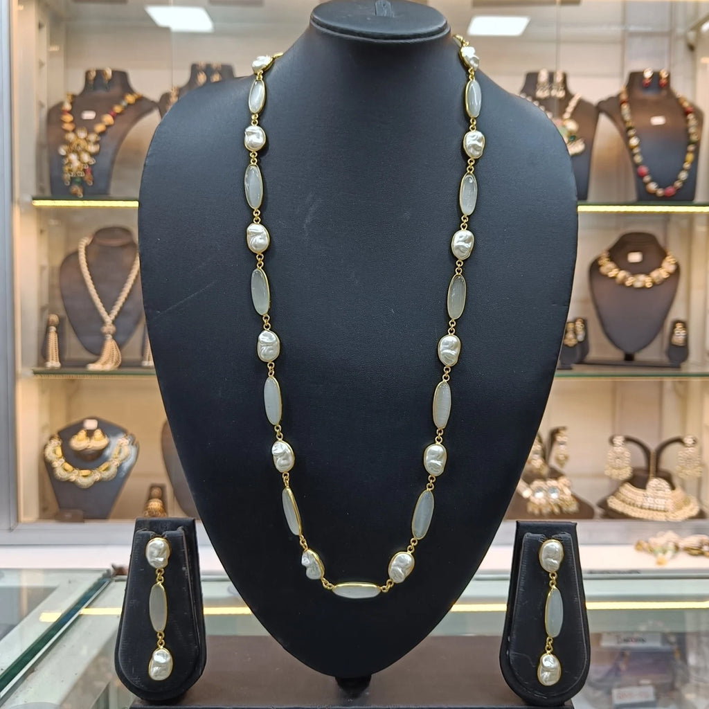 Mahika Grey Statement Oval Stone Necklace Earring Set