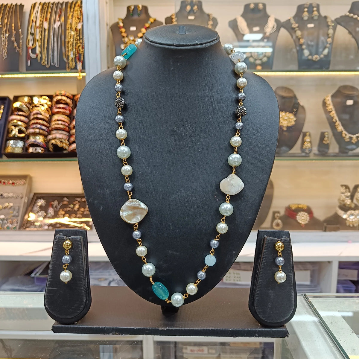 Baani Blue Statement Stone Necklace Earring Set