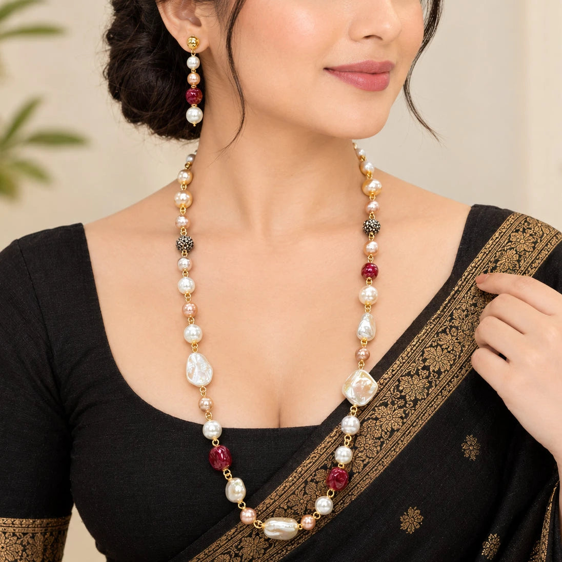 Baani Orange Statement Stone Necklace Earring Set