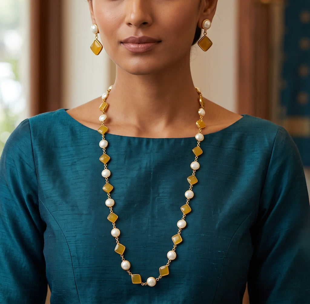 Saanvi Fusion Yellow Long Mala Necklace Set