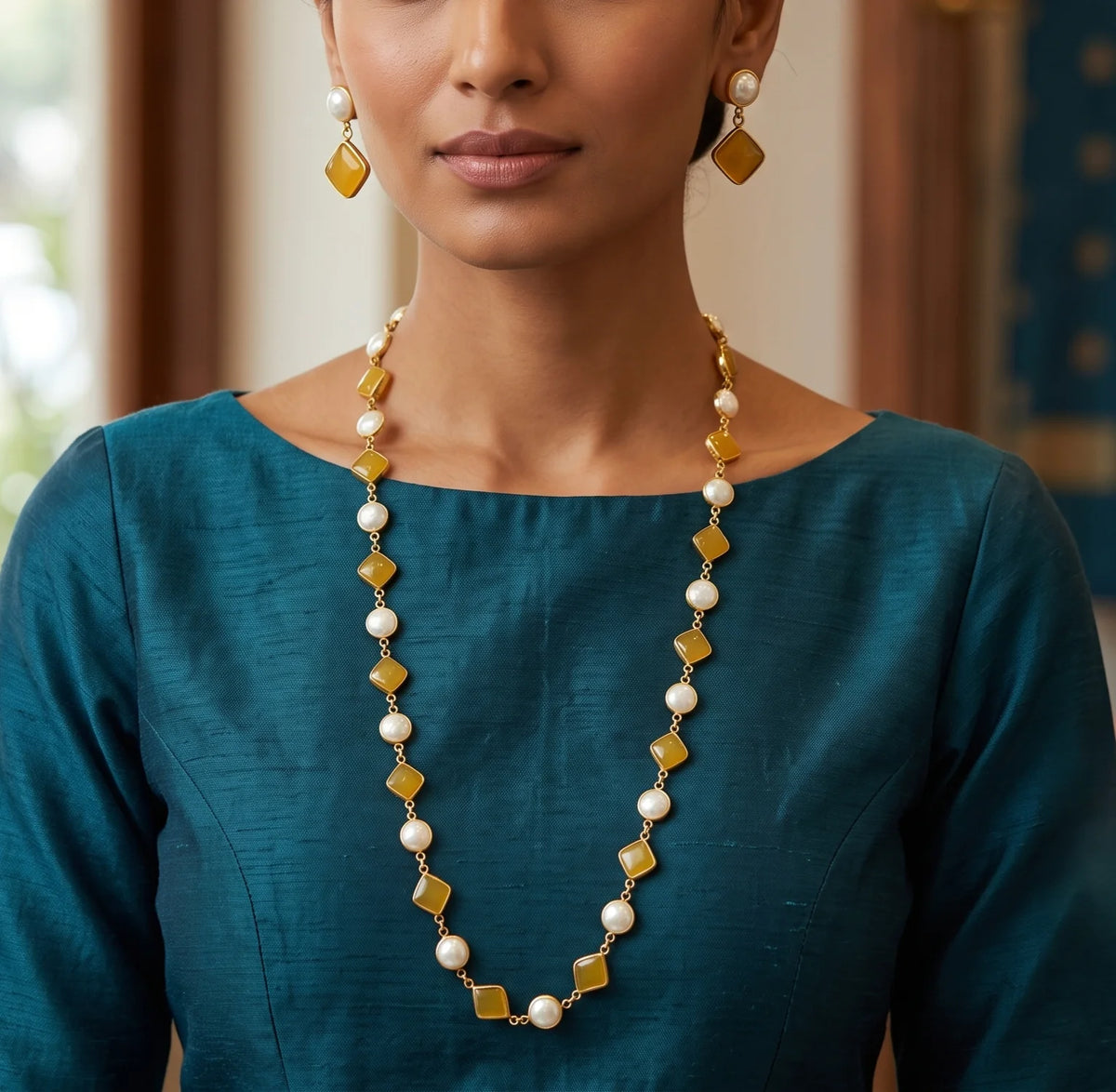 Saanvi Fusion Yellow Long Mala Necklace Set