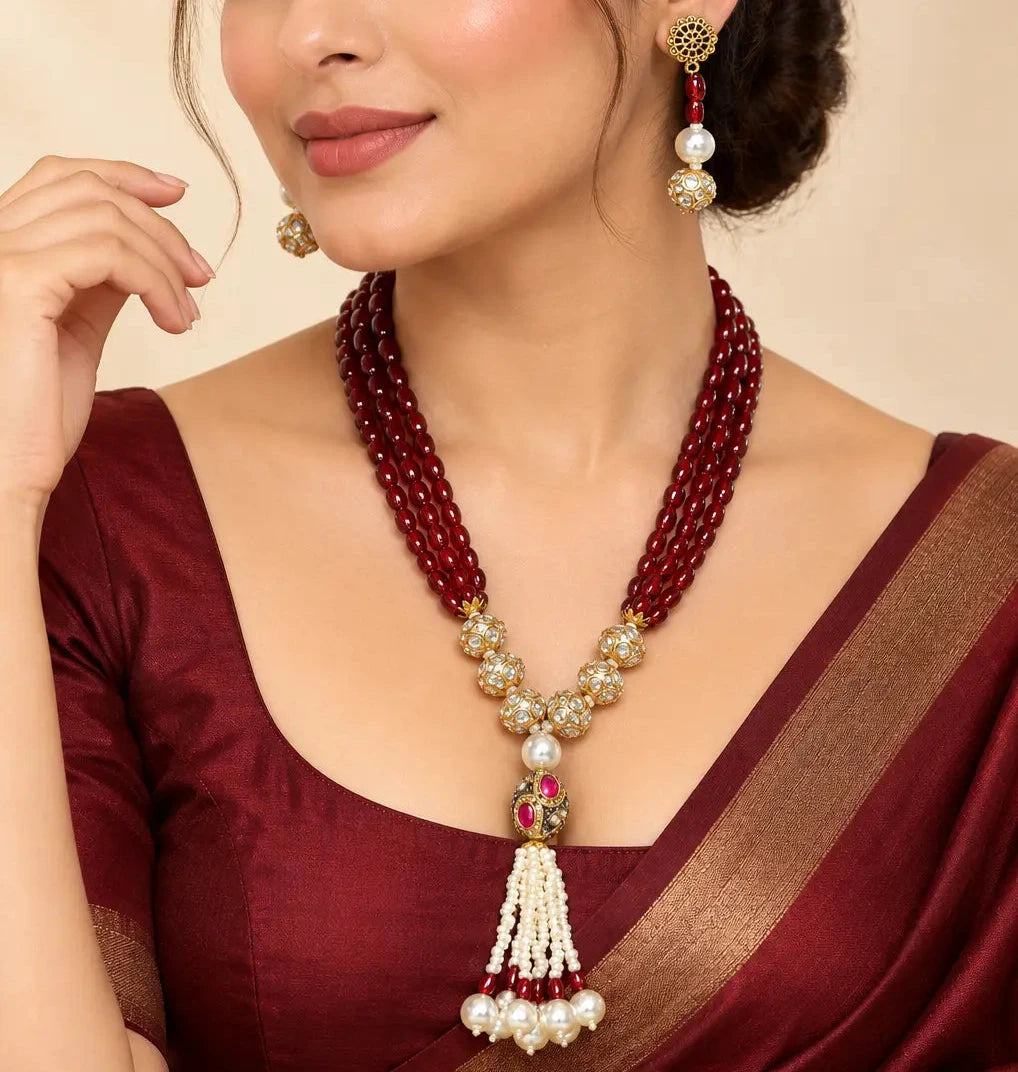 Charvi Ethnic Maroon Crystal and Pearl Necklace Earring Set